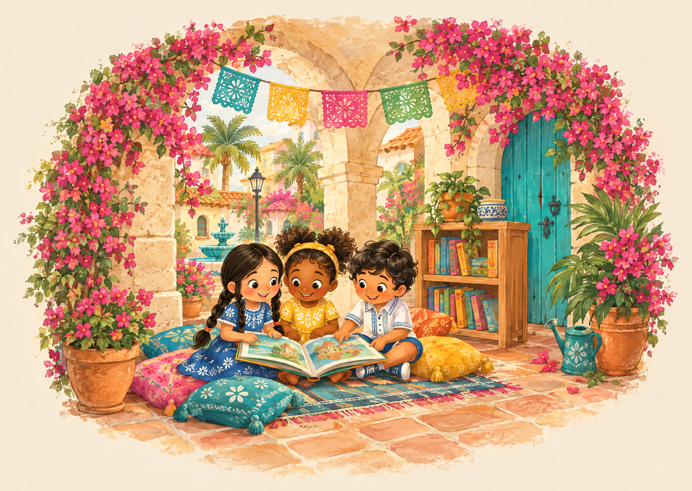 Ilustración de un rincón de cuentos bajo arcos con cojines y tres niños leyendo un libro grande