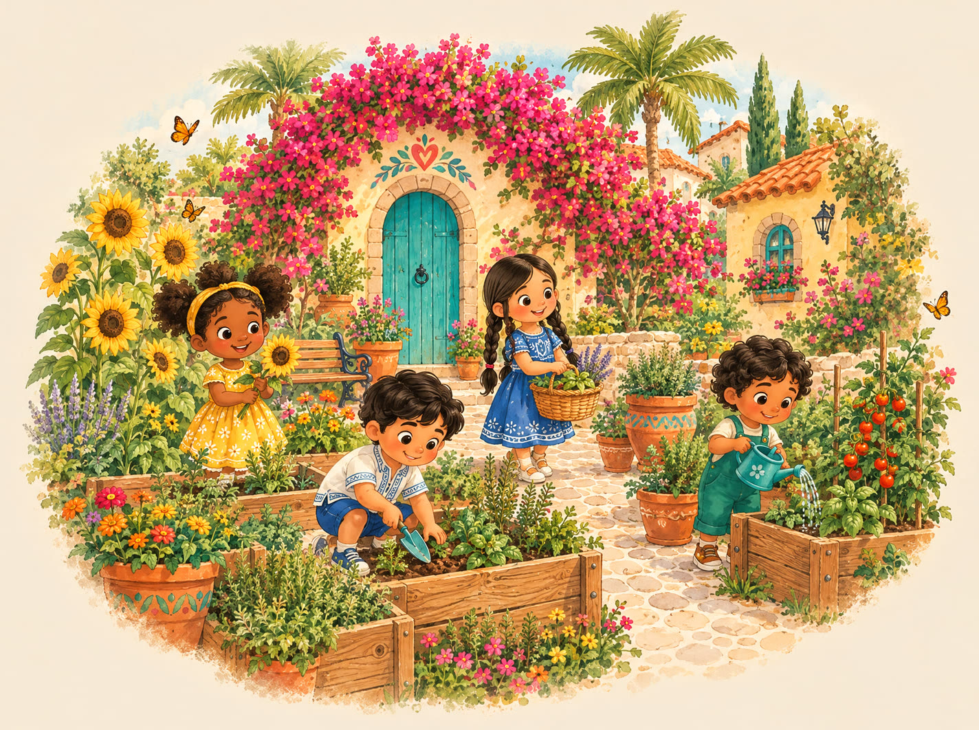 Ilustración de un jardín con camas de siembra, girasoles y cuatro niños regando y sembrando