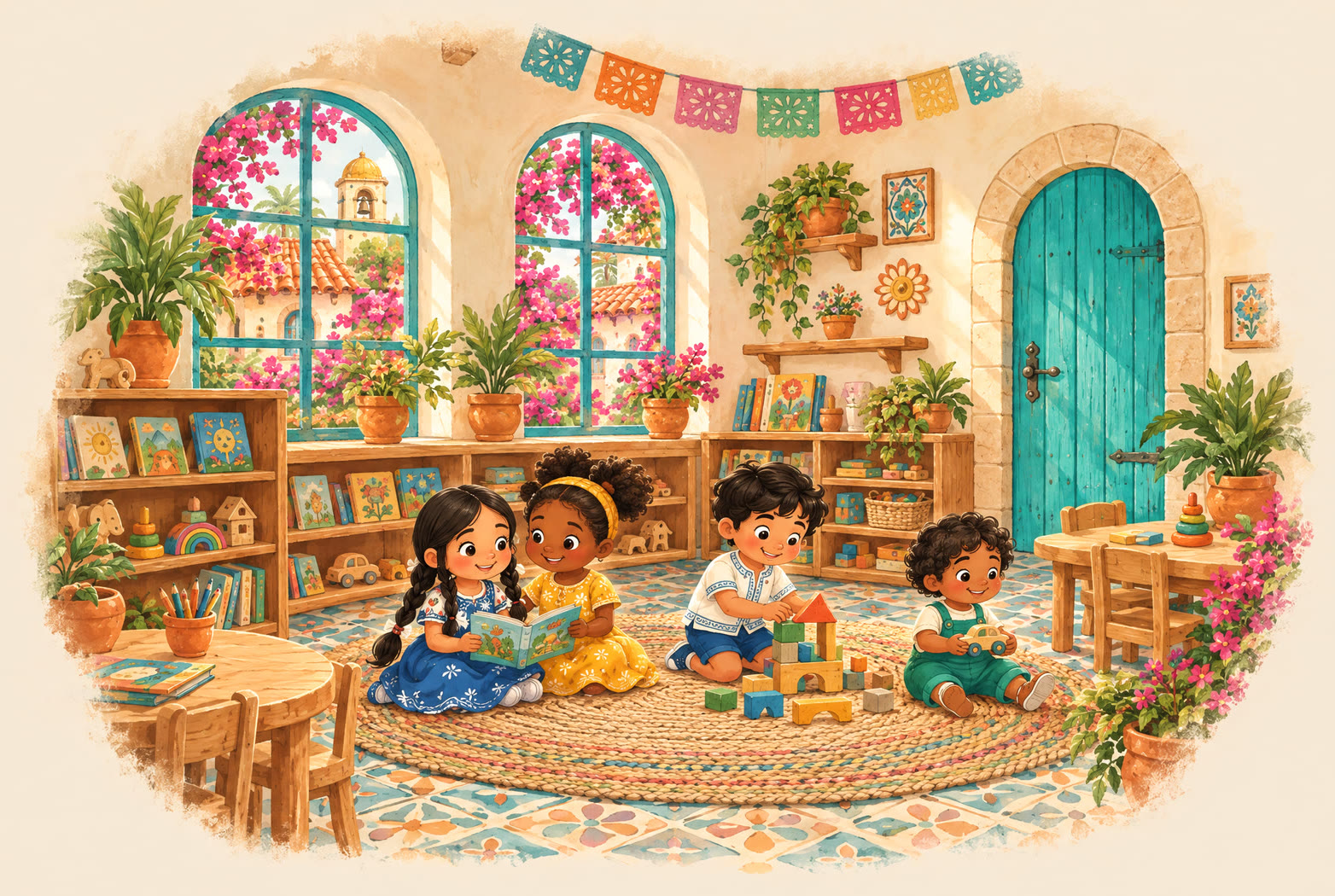 Ilustración de un salón luminoso con ventanas en arco, estantes con libros y cuatro niños jugando sobre una alfombra